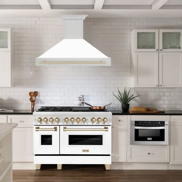 ZLINE Autograph Edition 48" Stainless Steel Wall Mounted Range Hood with White Matte Shell and Champagne Bronze-1