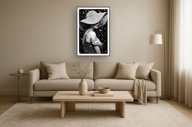 Classy Living Dramatic Glamorous Woman with Hat in Glitter Art Wall Art-1