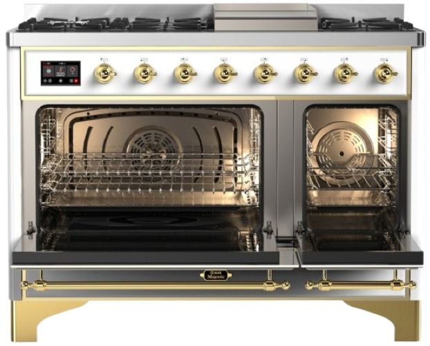 Ilve® Majestic III 48" White Pro Style Dual Fuel Liquid Propane Range with Griddle and Brass Trim-1