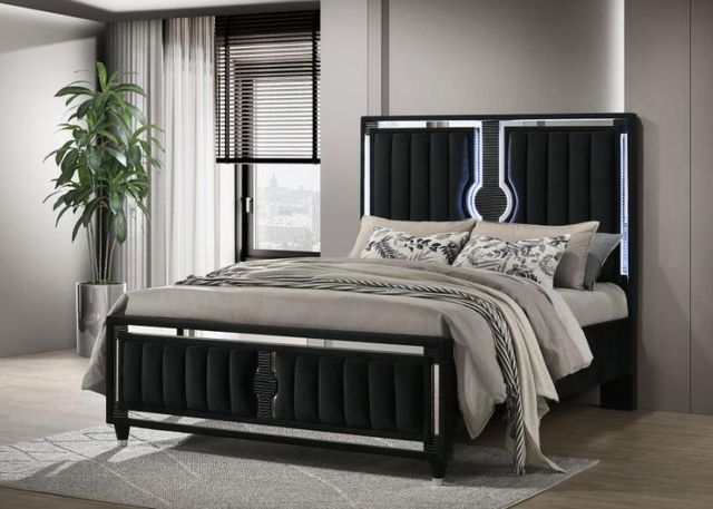 Coaster® Ravenne Black Queen Upholstered Panel Bed with LED-1