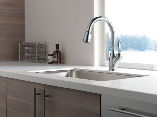 Delta Leland® Arctic Stainless Single Handle Kitchen Faucet with ShieldSpray®-1