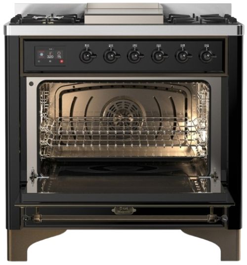 Ilve® Majestic III 36" Glossy Black Pro Style Dual Fuel Natural Gas Range with Solid Door and Burnished Trim-1