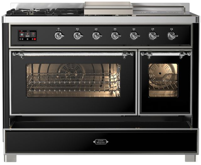 Ilve® Majestic III 48" Glossy Black Pro Style Dual Fuel Natural Gas Range with 5 Black Brass Burners and Chrome Trim-1
