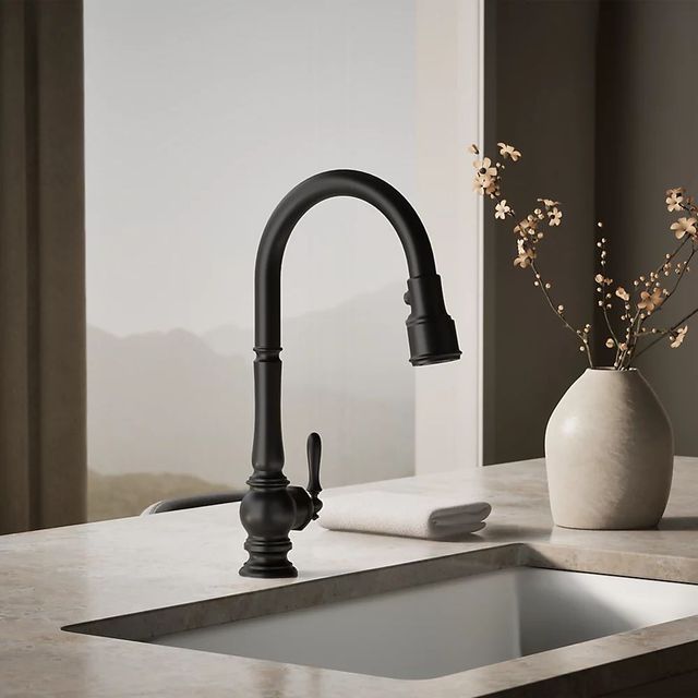 KOHLER® Artifacts® Matte Black Touchless Kitchen Sink Faucet with 3-Function Sprayhead-1