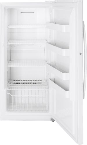 Front view of the opened GE® 14.1 Cu. Ft. White Upright Freezer