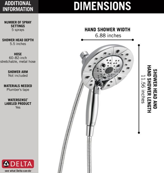 Delta Universal Showering Lumicoat® Chrome 1.75 GPM H2Okinetic® In2ition® 5-Setting Two-in-One Shower-3