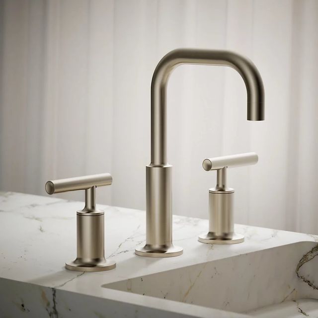 KOHLER® Purist® Vibrant Brushed NIckel 8" Widespread Bathroom Sink Faucet with Lever Handles-3