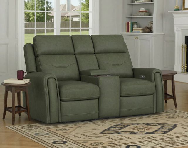 Flexsteel® Felix Forest Green Leather Power Reclining Loveseat with Console, Power Headrest and Lumbar-1