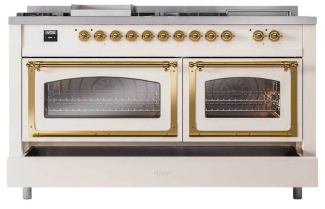 Ilve® Nostalgie II Noblesse 60'' Antique White Pro Style Dual Fuel Range with Brass Trim-3