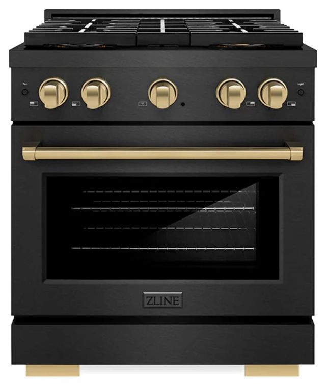 ZLINE Autograph Edition Paramount 30" 4.2 Cu. Ft. Black Satin Stainless Steel Gas Range with 4 Burner DuoPro™ Cooktop and Convection Gas Oven with Champagne Bronze Accents-0