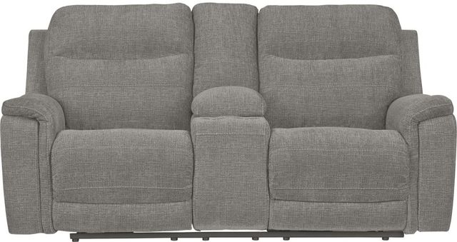 Signature Design by Ashley® Mouttrie Smoke Power Reclining Loveseat with Adjustable Headrest-1