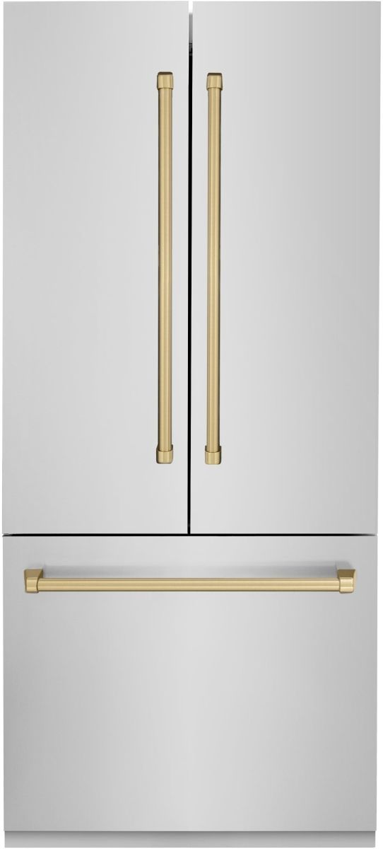 ZLINE Autograph Edition 36" 19.6 Cu. Ft. Stainless Steel Built In French Door Refrigerator with Water Dispenser and Ice Maker in Champagne Bronze Accents-0