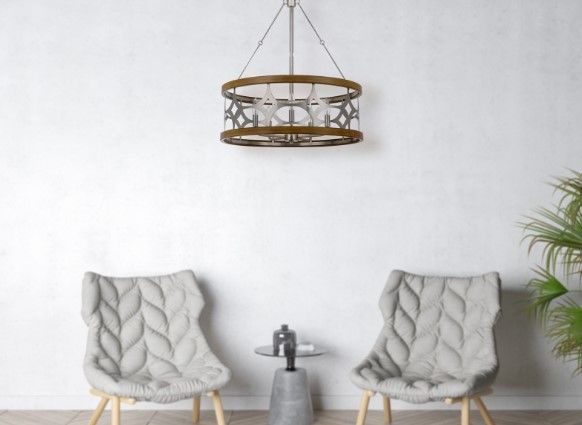 Cal® Lighting & Accessories Abingdon Brushed Steel/Oak Laser Cut Metal Chandelier-1