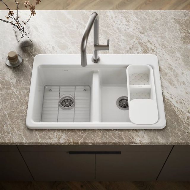 KOHLER® Riverby® White 33" 1-Faucet Hole Top-Mount Double Equal-Bowl Workstation Kitchen Sink-1