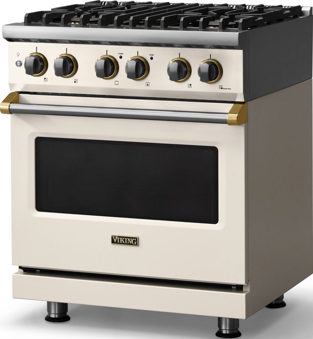Viking® 5 Series 30" Pure White Pro Style Dual Fuel (NG) Range with Brushed Brass Trim-3