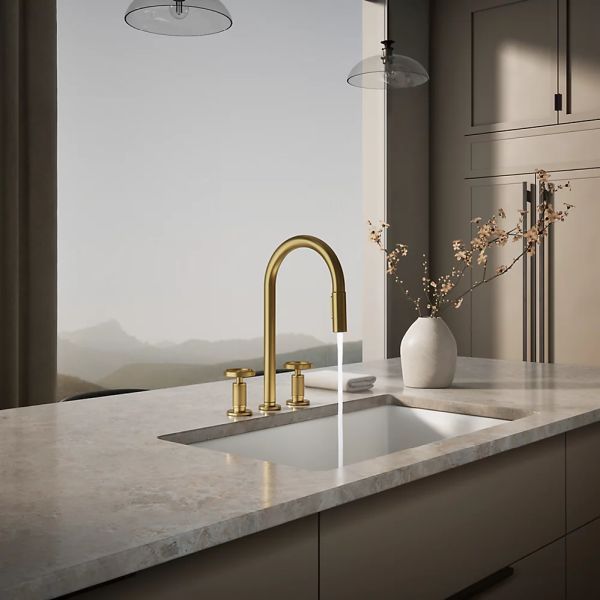 KOHLER® Billet® Vibrant Brushed Moderne Brass Kitchen Sink Faucet with 2-Function Sprayhead and Round Handles-2