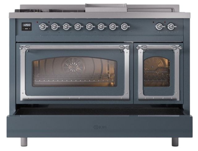 Ilve® Nostalgie II Noblesse 48'' Blue Gray Pro Style Dual Fuel Range with Chrome Trim-3