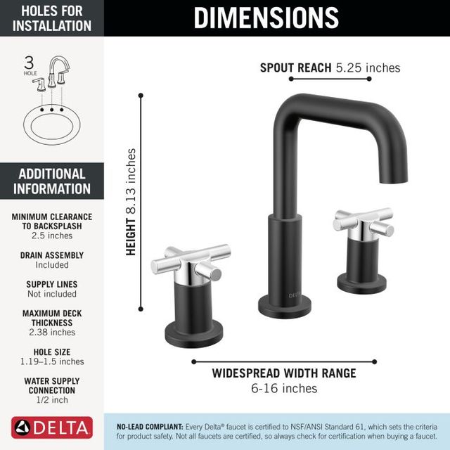 Delta Nicoli® Chrome/Matte Black 2-Handle Cross Widespread Bathroom Faucet-3