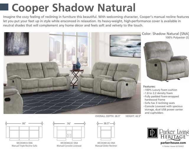 Parker House® Cooper Shadow Natural Manual Triple Reclining Sofa-2