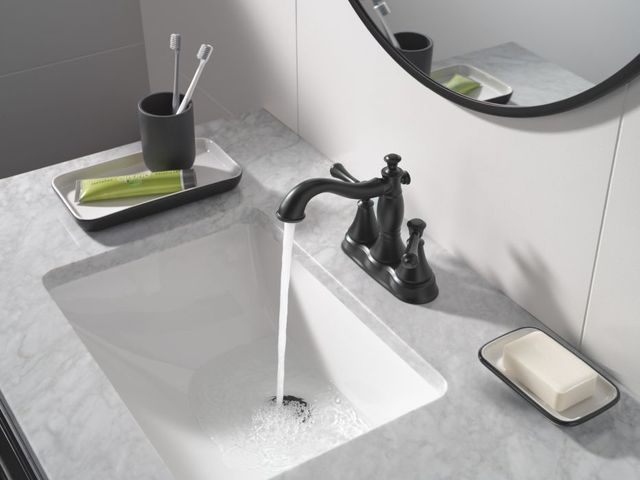 Delta Cassidy® Matte Black 2-Handle Centerset Bathroom Faucet with Drain-1