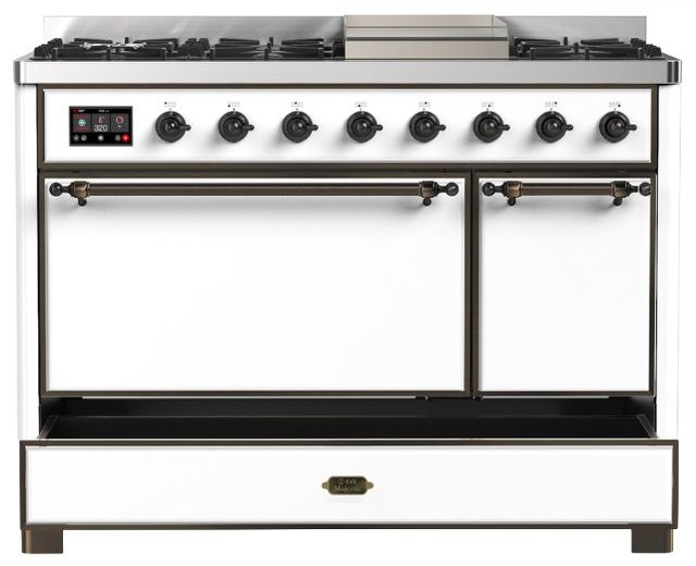 Ilve® Majestic III 48" White Pro Style Dual Fuel Liquid Propane Range with Solid Door and Burnished Trim-1
