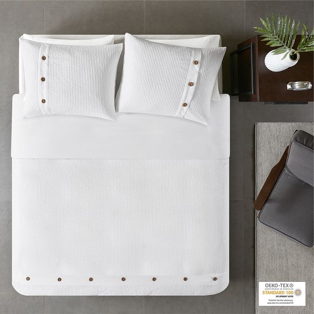 Olliix by Madison Park 3 Piece White Full/Queen Finley Cotton Waffle Weave Duvet Cover Set-2