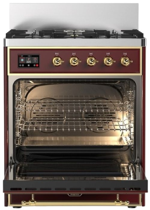 Ilve® Majestic III 30" Burgundy Pro Style Dual Fuel Natural Gas Range with 5 Black Brass Burners and Brass Trim-1