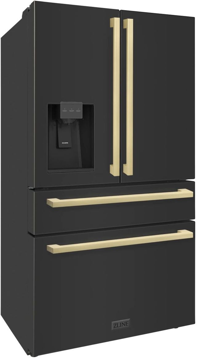 ZLINE Autograph Edition 36" 21.6 Cu. Ft. Fingerprint Resistant Black Stainless Steel Counter Depth French Door Refrigerator with Champagne Bronze Modern Handles-2
