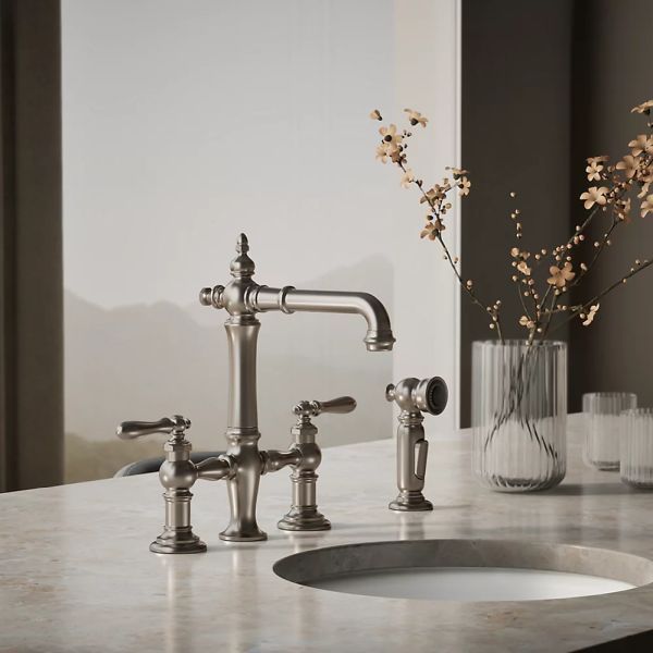 KOHLER® Artifacts® Vibrant Stainless 3-Hole Bridge Bar Sink Faucet with Side Sprayer-1