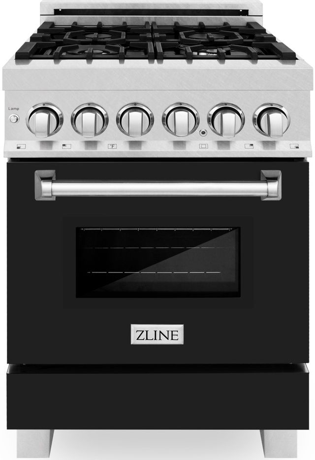 ZLINE 24" Satin Stainless Steel Pro Style Dual Fuel Range with Black Matte Door-0