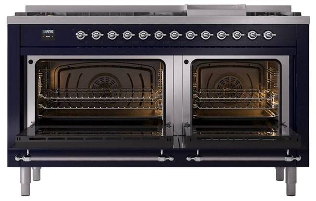 Ilve® Nostalgie II Noblesse 60'' Midnight Blue Pro Style Dual Fuel Range with Chrome Trim-2