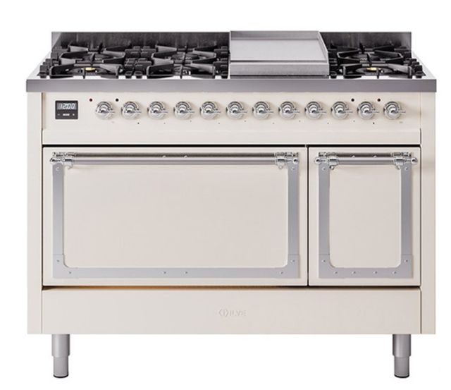 Ilve® Nostalgie II Noblesse 48'' Antique White Pro Style Dual Fuel Range with Chrome Trim-0