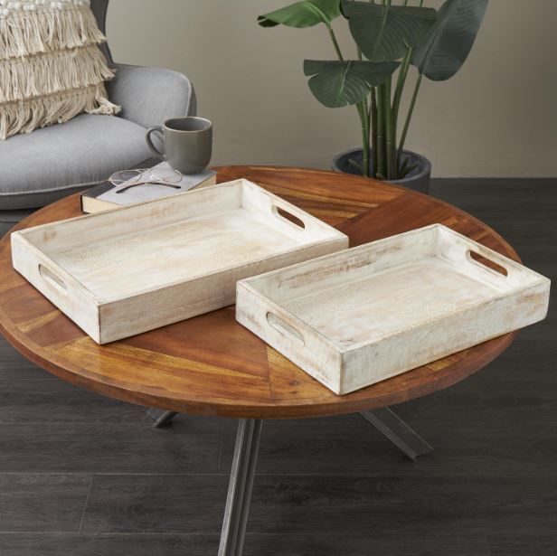 Deco Marche 2-Piece Cream Wood Tray with Carved Mandala Interior Set-4