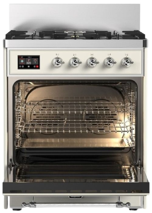 Ilve® Majestic III 30" Antique White Pro Style Dual Fuel Natural Gas Range with 5 Black Brass Burners and Chrome Trim-1