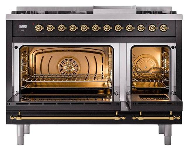 Ilve® Nostalgie II Noblesse 48'' Glossy Black Pro Style Dual Fuel Range with Brass Trim-2