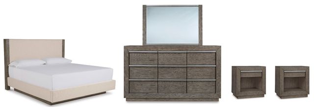 Benchcraft® Anibecca 5-Piece Weathered Gray Queen Upholstered Panel Bed Set-0