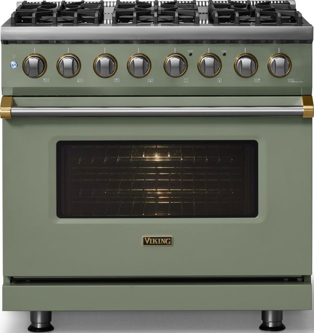 Viking® 5 Series 36" Eucalyptus Pro Style Dual Fuel (NG) Range with Brushed Brass Trim-2