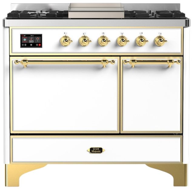 Ilve® Majestic III 40" White Pro Style Dual Fuel Liquid Propane Range with Solid Door and Brass Trim-0