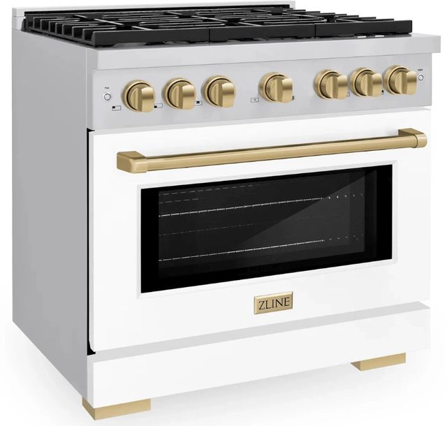 ZLINE Autograph Edition Paramount 36" Stainless Steel Pro Style Dual Fuel Range with White Matte Door and Champagne Bronze Accents-2