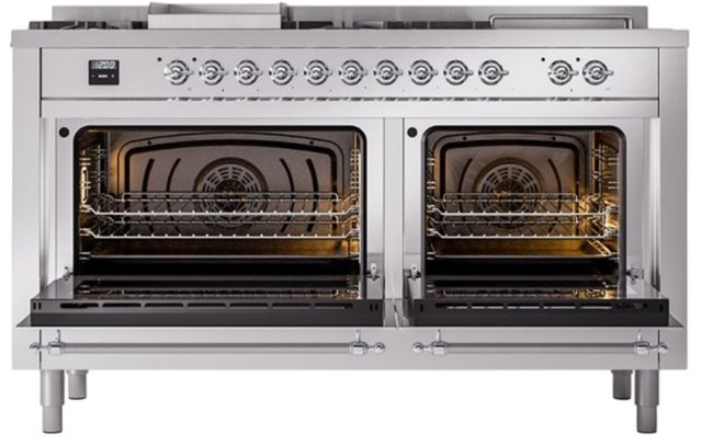 Ilve® Nostalgie II Noblesse 60'' Stainless Steel Pro Style Dual Fuel Range with Chrome Trim-2