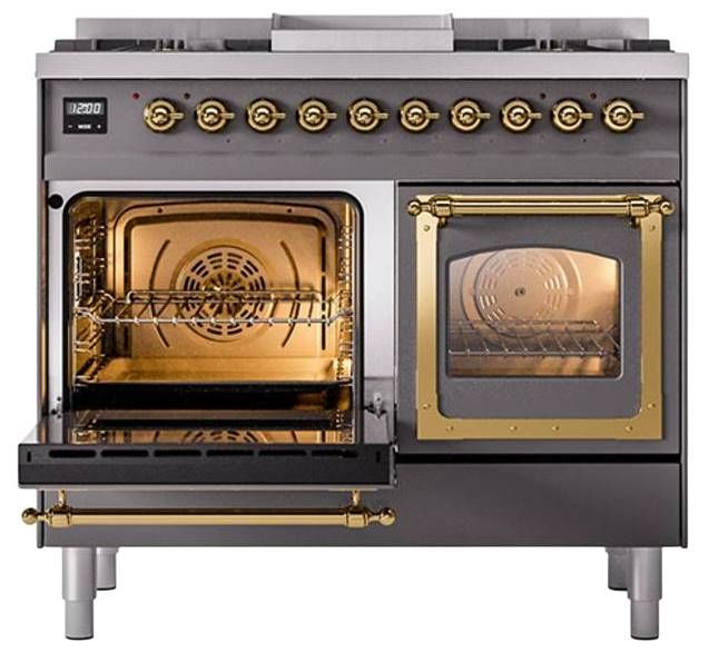 Ilve® Nostalgie II Noblesse 40'' Graphite Matte Pro Style Dual Fuel Range with Brass Trim-3