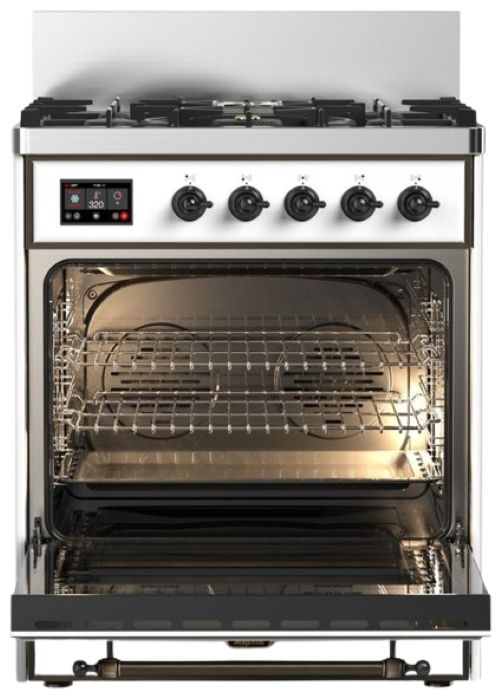 Ilve® Majestic III 30" White Pro Style Dual Fuel Natural Gas Range with Solid Door and Burnished Trim-1