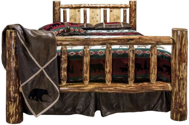 Montana Woodworks® Glacier Country Stained & Lacquered California King Bed with Laser Engraved Wolf Design-1