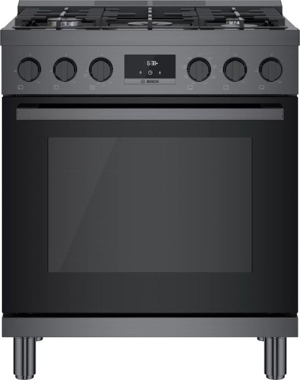 Bosch 800 Series 30” Black Stainless Steel Freestanding Dual Fuel Range with Essex cabinets in White