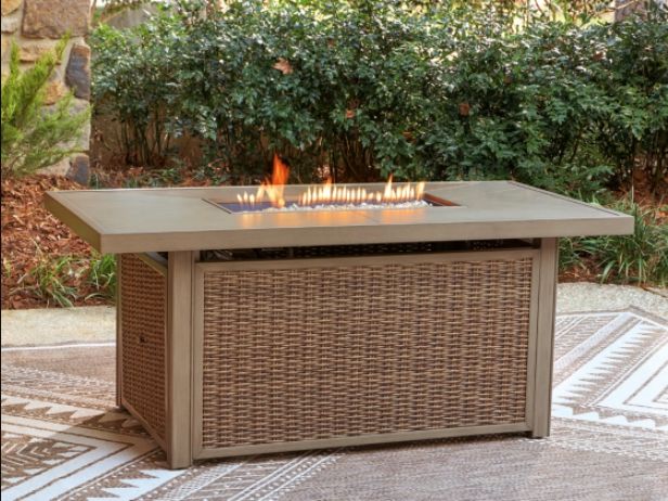 Signature Design by Ashley® Laguna Heights Beige Resin Wicker Outdoor Fire Pit Table with Aluminum Frame-1