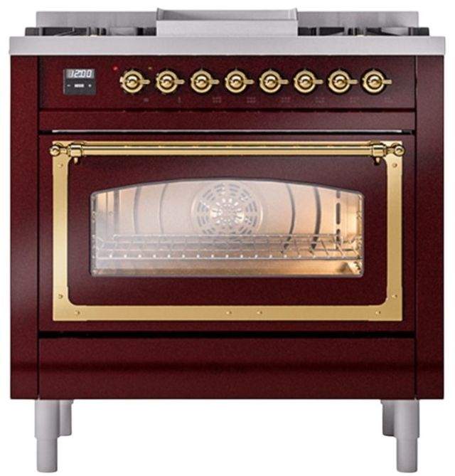 Ilve® Nostalgie II Noblesse 36'' Burgundy Pro Style Dual Fuel Range with Brass Trim-1