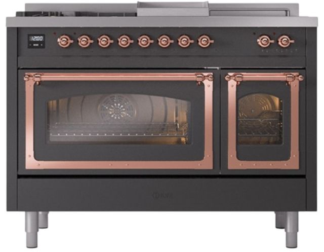 Ilve® Nostalgie II Noblesse 48'' Graphite Matte Pro Style Dual Fuel Range with Copper Trim-1