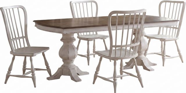 Liberty Furniture Magnolia Manor 5-Piece Antique White/Weathered Bark Double Pedestal Dining Table Set-0
