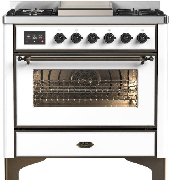 Ilve® Majestic III 36'' White Pro Style Dual Fuel Natural Gas Range with Triple Glass Door and Burnished Trim-0