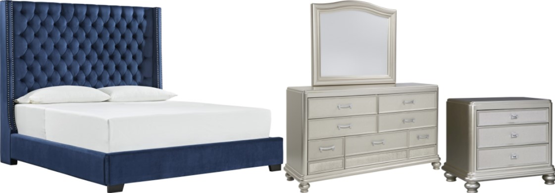 Signature Design by Ashley® Coralayne 4-Piece Blue/Metallic Sheen Queen Upholstered Panel Bed Set
